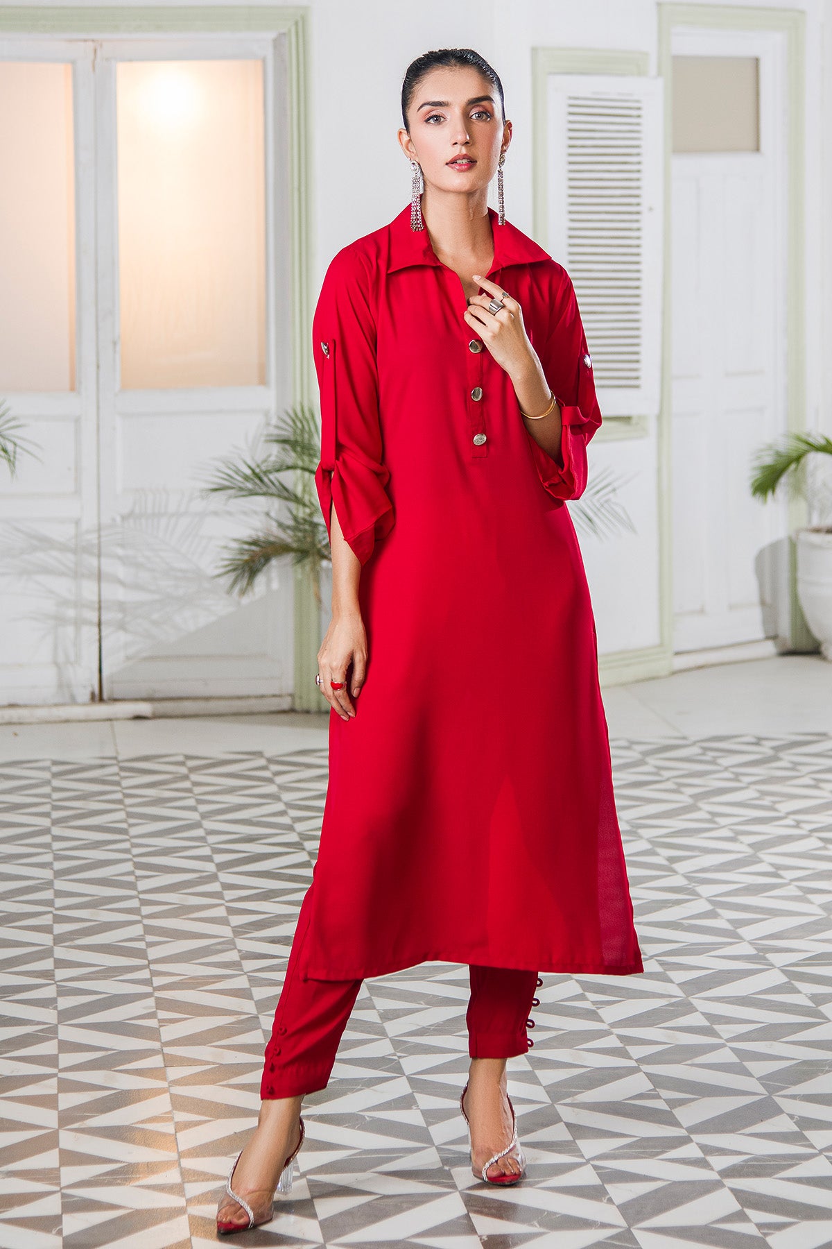 Red Collar Solid Dress