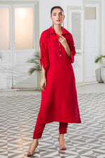 Red Collar Solid Dress